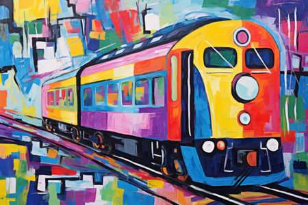 Train painted with oil paints. Illustration of a train in the city.の素材