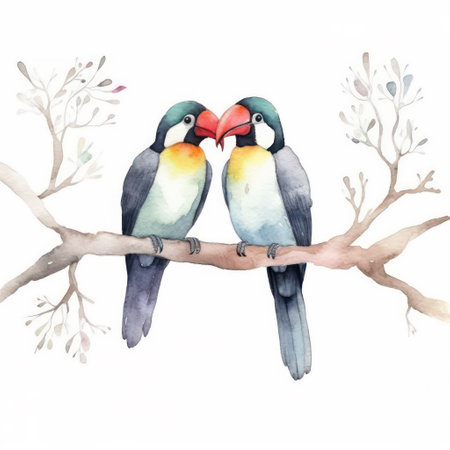 Watercolor couple of birds on a branch. Hand drawn illustration.の素材
