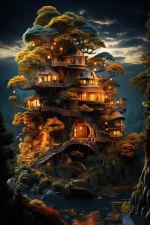 Fantasy landscape with a tree house in the shape of a dragonの素材