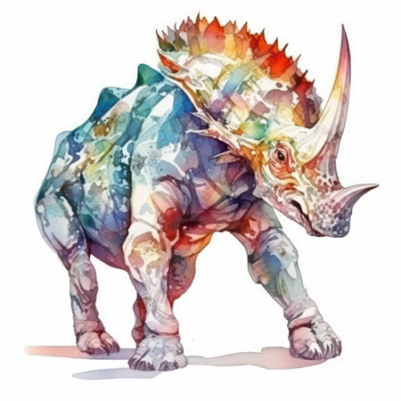watercolor illustration of a dinosaur Triceratops, isolated on white backgroundの素材
