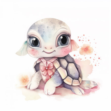 watercolor cute baby turtle on a white background, illustration for childrenの素材