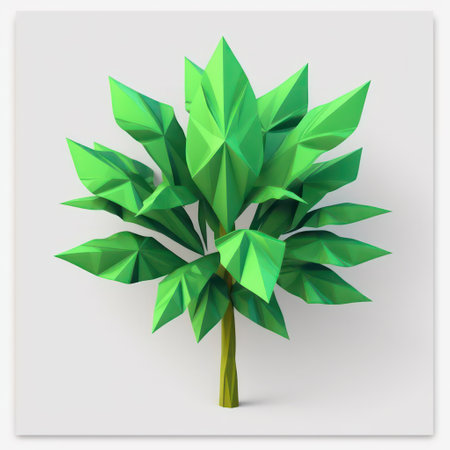 Origami green tree isolated on white background. 3d illustration.の素材