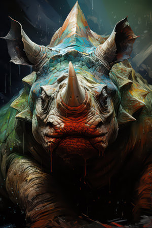 3D rendering of a fantasy creature with a horned rhinoceros.の素材