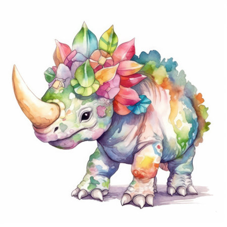 Watercolor illustration of a rhinoceros with a floral pattern.の素材