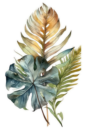 Watercolor tropical palm leaves. Hand painted illustration on white background.の素材