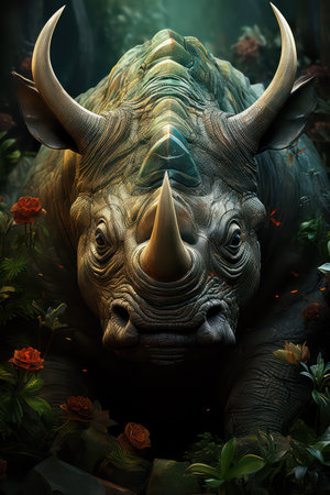 Rhinoceros in the jungle. 3D illustration. Fantasy.の素材