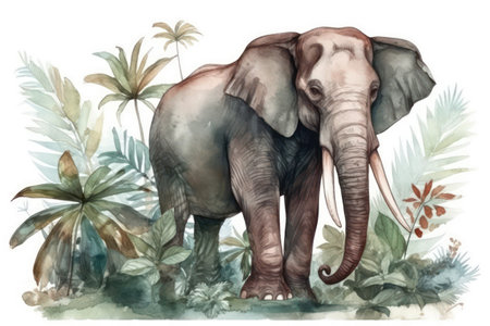 Elephant in tropical forest. Watercolor hand drawn illustration on white backgroundの素材