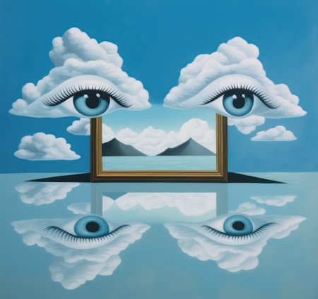Image of an eye with a picture frame on the blue sky backgroundの素材