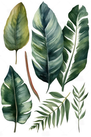 Watercolor set of tropical leaves isolated on white background. Hand drawn illustration.の素材
