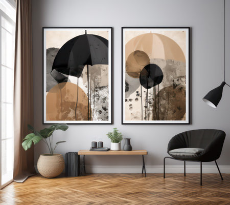 Interior of modern living room with gray walls, wooden floor, black armchair and paintings on the wall. 3d renderingの素材
