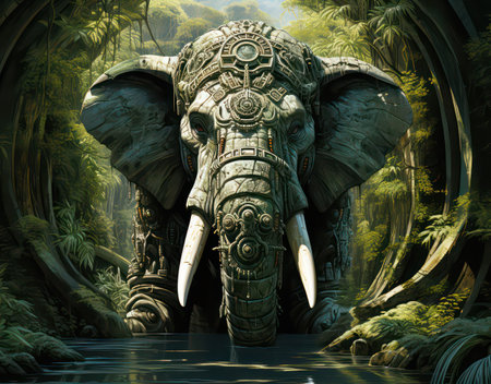 Elephant in the jungle - 3D render. Fantasy illustration.の素材