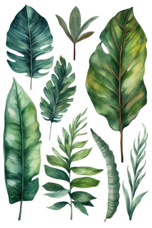 Watercolor set of tropical leaves isolated on white background. Hand drawn illustration.の素材