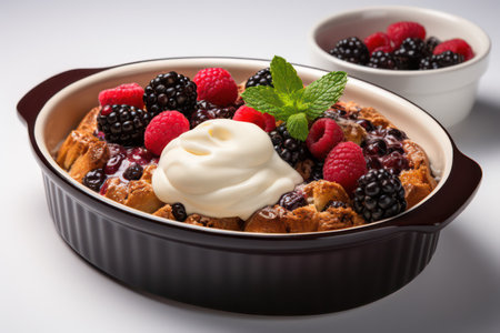 Baked pastry with berries and whipped cream on a white background.の素材