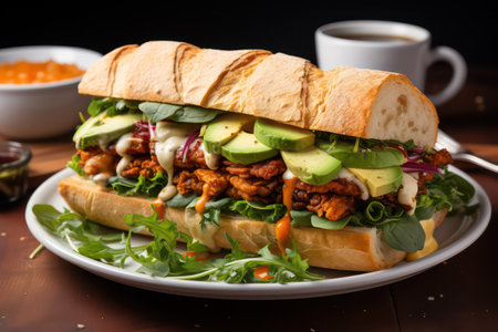 sandwich with chicken, avocado and arugula on wooden tableの素材