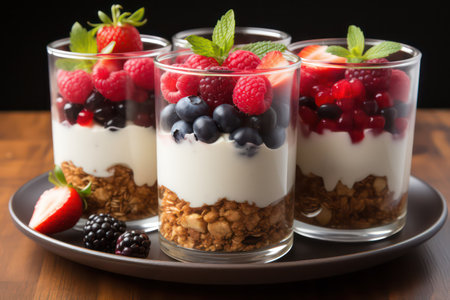 Greek yogurt with granola and fresh berries in glasses on wooden tableの素材