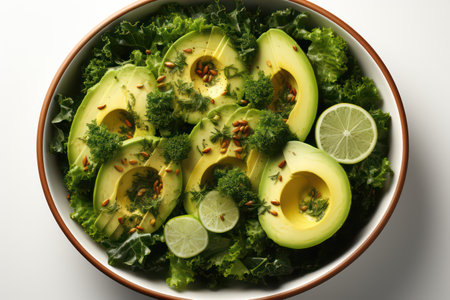 Avocado salad with kale, lime and sesame seeds in bowlの素材