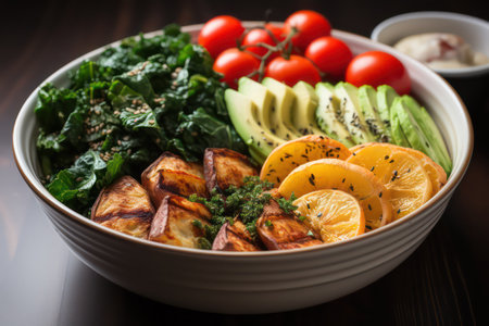 Buddha bowl with quinoa, avocado, kiwi, orange and tomatoの素材