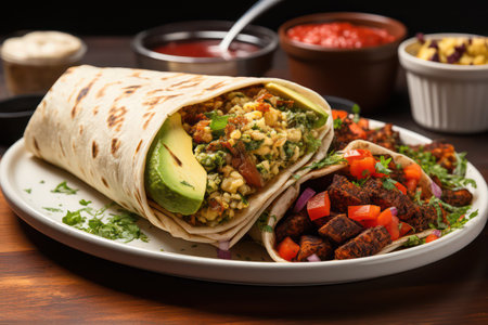 Mexican burrito with vegetables and guacamole sauceの素材