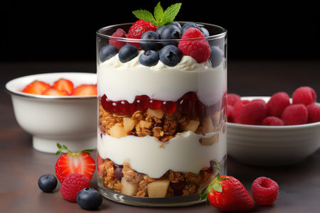 Greek yogurt parfait with fresh berries and granola in a glassの素材