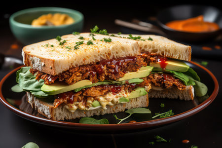 sandwich with chicken and avocado on a black background, close upの素材