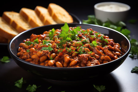 Baked beans in tomato sauce with parsley and toasted breadの素材