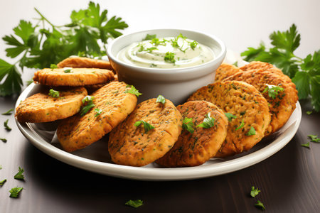 Potato fritters with sour cream and parsley on a plateの素材