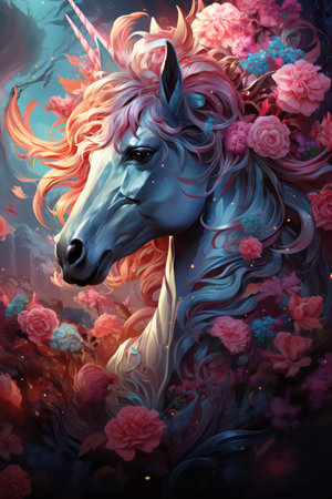 Beautiful unicorn with flowers. Digital art painting. Fantasy horse.の素材