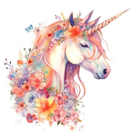 Unicorn with flowers. Watercolor illustration isolated on white backgroundの素材
