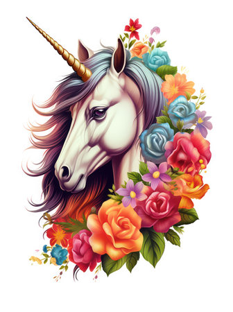 Unicorn head with flowers on white background. Vector illustration.の素材