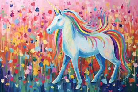 Illustration of a beautiful unicorn on a colorful background with hearts.の素材