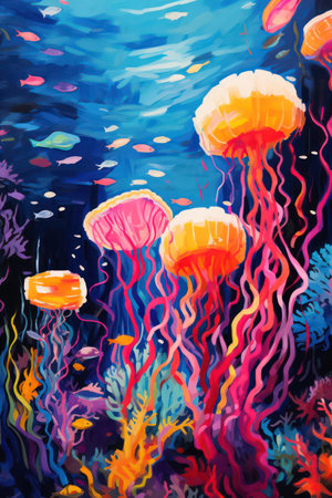 Colorful jellyfish in the sea. Hand-drawn illustration.の素材