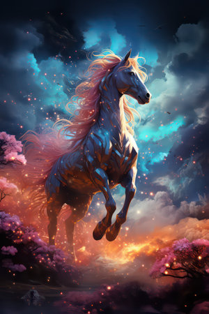 Fantasy illustration of a horse in the sky with clouds and starsの素材