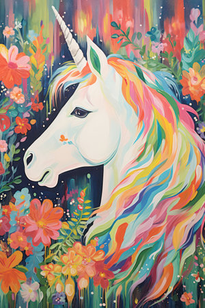 Unicorn with colorful rainbow mane and flowers, hand drawn illustrationの素材