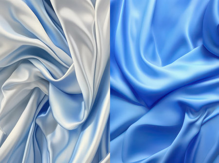 3D render of blue and white satin fabric background with wavesの素材