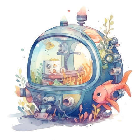 Cartoon underwater world with corals and fish. Watercolor illustrationの素材