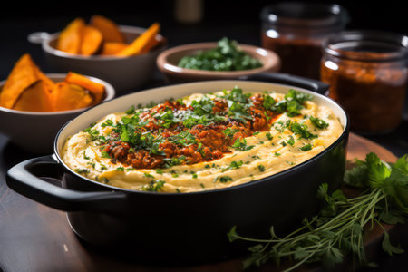 Pumpkin hummus with cheese and parsley, selective focusの素材