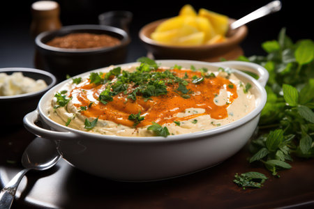 Bowl of hummus with cream and herbs on dark background.の素材