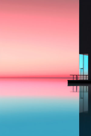 Reflection of the building in the water. 3D rendering.の素材