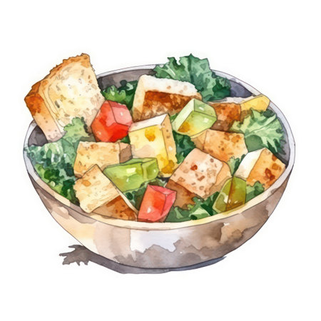 Vegetable salad with tofu and croutons. Watercolor hand drawn illustrationの素材