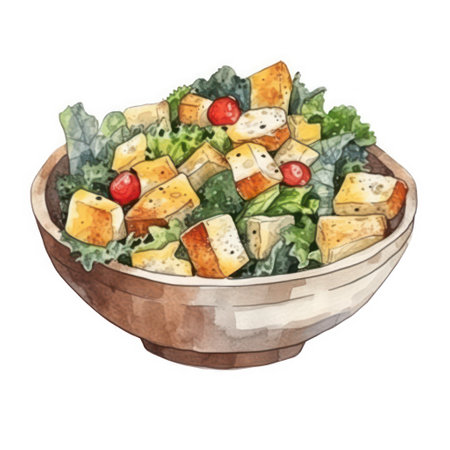 Watercolor salad with cheese, lettuce, tomato and croutons. Hand drawn illustrationの素材