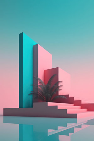 Minimalist abstract scene with palm tree and stairs. 3d renderの素材