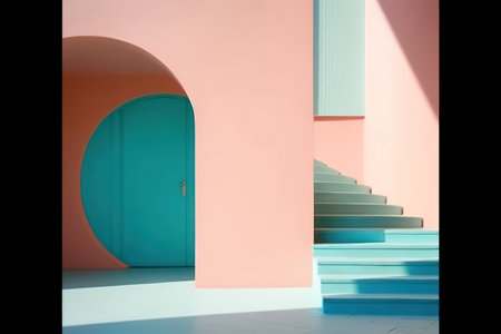 3d rendering of a stairway leading up to a blue doorの素材