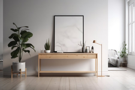 Interior of modern living room with white walls, wooden floor, white cupboard with mirror and plant. 3d renderingの素材