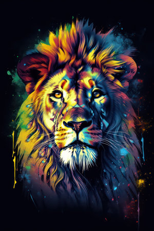 Lion head on colorful background. Colorful illustration. Digital painting.の素材