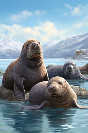 Sea lions on the rocks in the ocean. 3D illustration.の素材