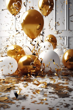Gold and white balloons with confetti on the floor. 3d renderingの素材