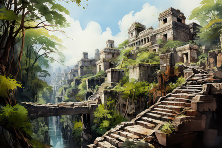 Digital painting of ancient temple in the jungle. Digital painting of temple complex.の素材