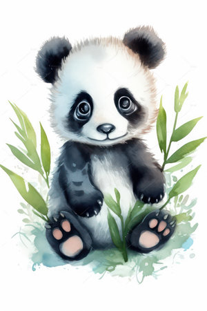 Cute panda sitting with green leaves. Watercolor illustration.の素材