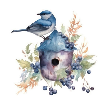 Watercolor birdhouse with blue bird and autumn leaves isolated on white backgroundの素材