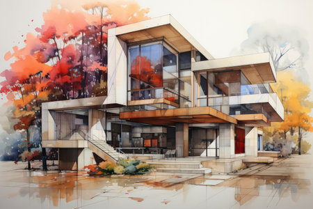 3d rendering of modern cozy house with pool and parking for sale or rent. Massive timber beams make this house unique.の素材